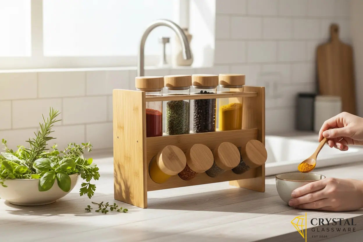  2-tier Billi bamboo spice rack featuring glass jars with wooden lids